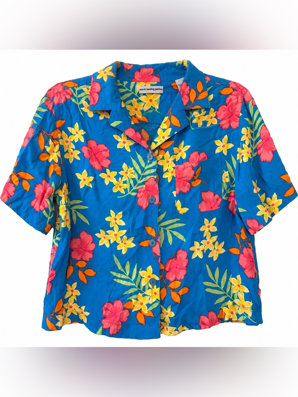 Marsh Landing Bright Blue Hawaiian Floral Button-Down Shirt